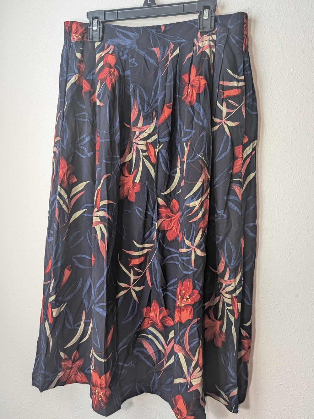 Sag Harbor Black Maxi Skirt with Red Floral and Blue Leaves